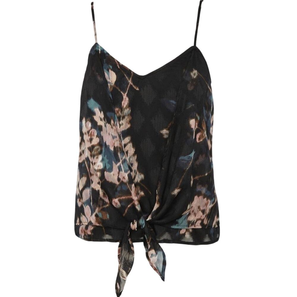 NWT Willow & Clay Black Floral Tank Top Front Tie Spaghetti Strap Lined